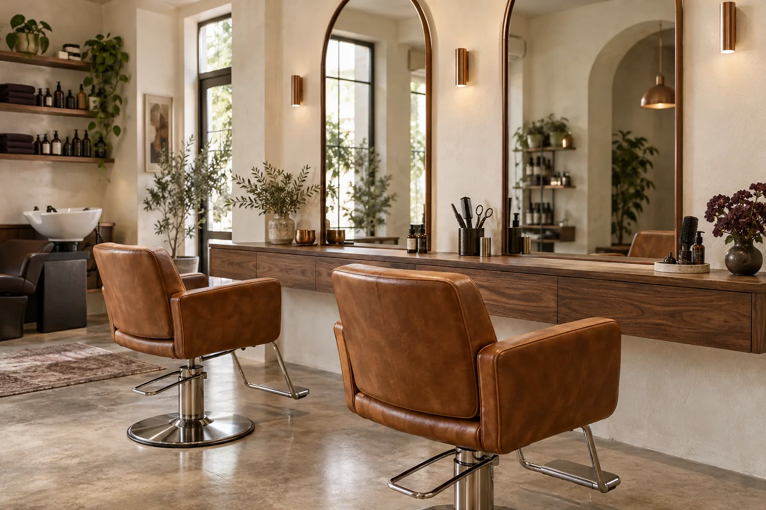 Sfeerimpressie van een rustige salon met warme materialen en stijlvolle kappersstoelen